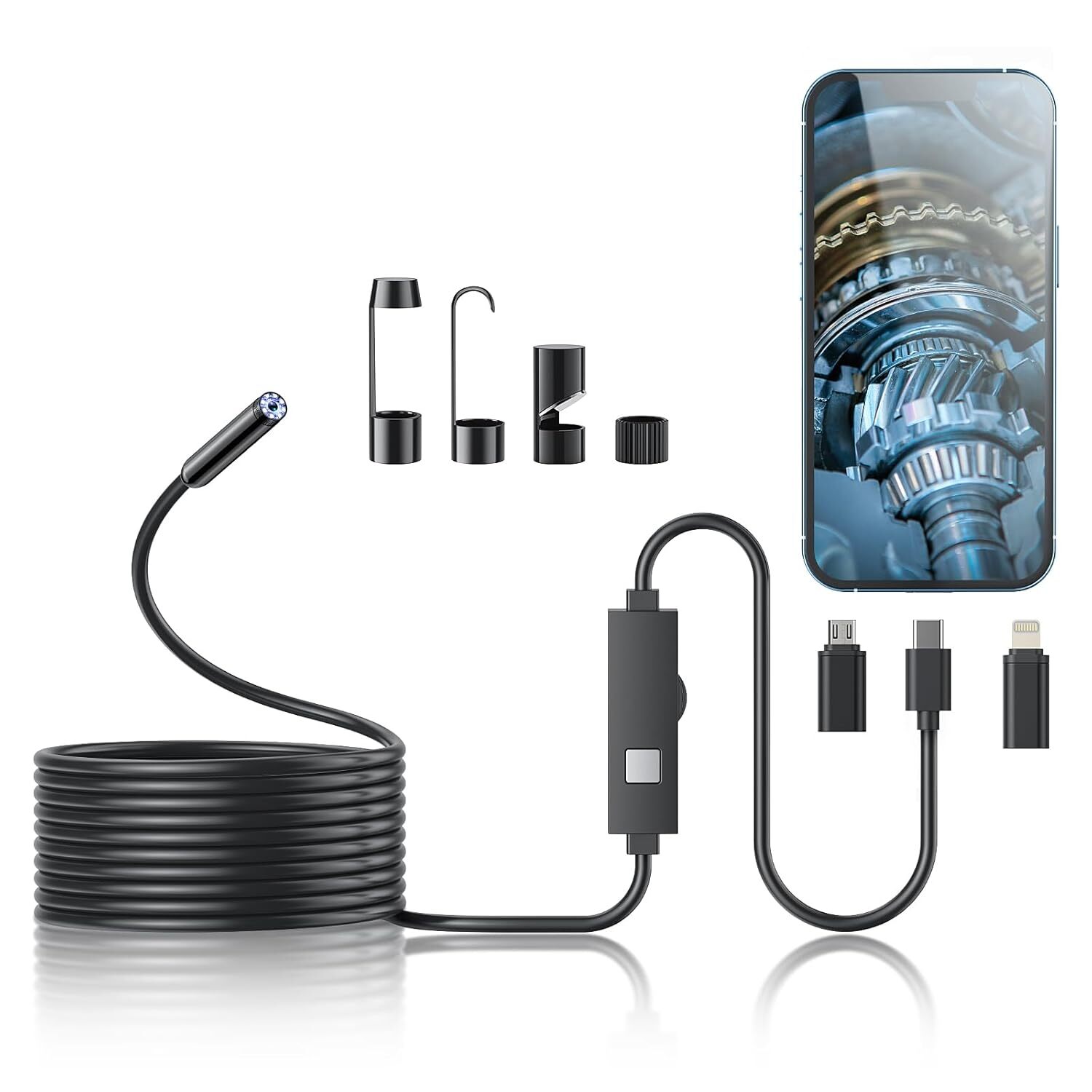 Endoscope Camera with Light, 1920P HD Borescope Tools with 8 Adjustable LED Lights, Endoscope with 16.4ft Semi-Rigid Snake Camera, 7.9mm IP67 Waterproof Inspection Camera for iOS and Android